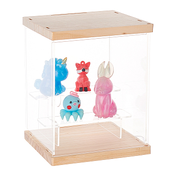 3-Tier Transparent Acrylic Presentation Boxes, Minifigures Display Case, with Wood Base, for Doll, Action Figures Storage, Clear, Finish Product: 15x15x18cm, about 10Pcs/set