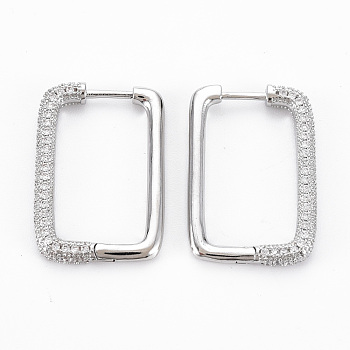 Rectangle Hoop Earrings for Girl Women, Brass Micro Pave Clear Cubic Zirconia Earrings, Nickel Free, Platinum, 27.5x18x3mm, Pin: 1mm