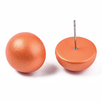 Painted Half Round Schima Wood Earrings for Girl Women, Stud Earrings with 316 Surgical Stainless Steel Pins, Coral, 15x8.5mm, Pin: 0.7mm