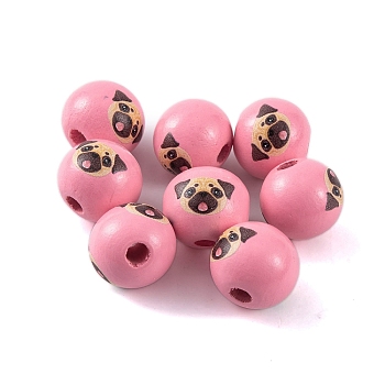 Wood European Beads, Round with Dog Pattern, Pink, 16x15mm, Hole: 4.5mm