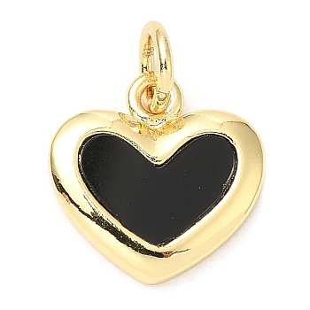 Rack Plating Brass Heart Charms, with Shell and Jump Rings, Long-Lasting Plated, Lead Free & Cadmium Free, Real 18K Gold Plated, Black, 11.5x11.5x2mm, Hole: 3mm