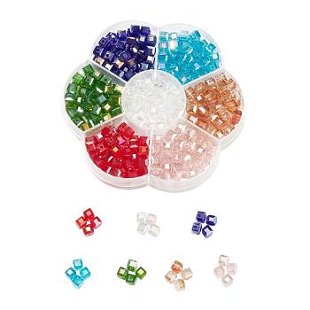 350Pcs 7 Colors Electroplate Glass Beads, AB Color Plated, Faceted, Cube, Mixed Color, 6x6x6mm, Hole: 1mm, 50pcs/color