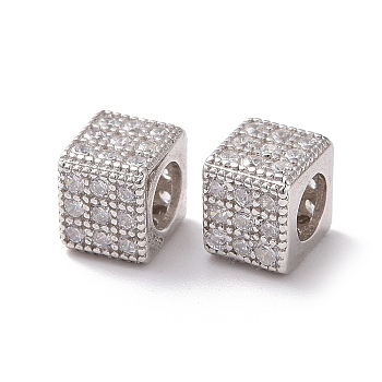 925 Sterling Silver Beads, with Cubic Zirconia, Real Platinum Plated, Cube, Clear, 5x6x6mm, Hole: 3.5mm