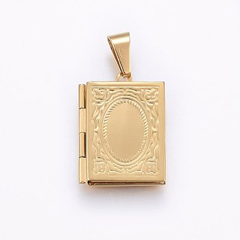 316 Stainless Steel Locket Pendants for Teachers' Day, Book, Real 18K Gold Plated, 26x19x4.5mm, Hole: 10x5mm, Inner Size: 15x10mm