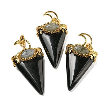 Natural Obsidian Big Pendants, with Brass Findings, Triangle, Golden, 53~58x28~29x16~18mm, Hole: 5x7mm