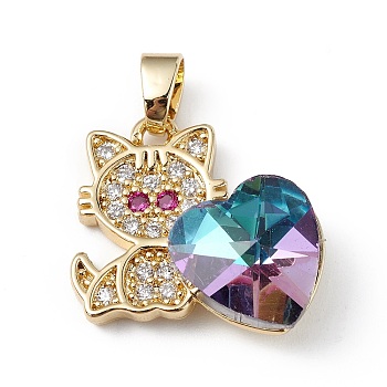 Real 18K Gold Plated Rack Plating Brass Micro Pave Cubic Zirconia Pendants, with Glass, Long-Lasting Plated, Cadmium Free & Lead Free, Cat with Heart, Dark Turquoise, 21x19.5x7.5mm, Hole: 3.5x5mm