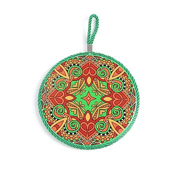 Porcelain Cup Mats, Flat Round Shape Mandala Pattern Coaster, with Hanging Rope, Medium Sea Green, 250x170x8mm