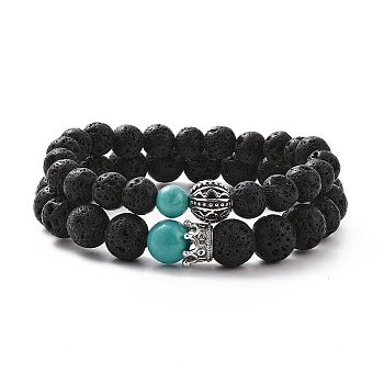 Couples Natural Lava Rock Stretch Bracelets, with Alloy Findings, 2 inch~2-1/8 inch(51~55mm), 2strands/set