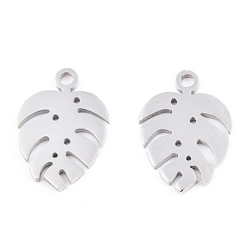 304 Stainless Steel Charms, Tropical Leaf Charms, Monstera Leaf, Stainless Steel Color, 13x9x1mm, Hole: 1mm