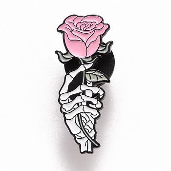 Hand Skeleton with Rose Enamel Pin, Halloween Alloy Badge for Backpack Clothes, Electrophoresis Black, Pink, 30.5x12x1.5mm, Pin: 1.1mm