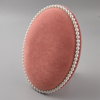 Oval Velvet Tabletop Jewelry Display Stands, with Plastic Imitation Pearl Bead Decor, Jewelry Hanging Rack for Earrings, Necklaces Storage, with Needles, Light Coral, 25.2x19x4.1cm