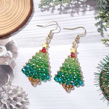 304 Stainless Steel Dangle Stud Earrings for Women, Handmade Glass Seed Bead Loom Pattern Chrismas Tree Pendants, Golden, 60mm