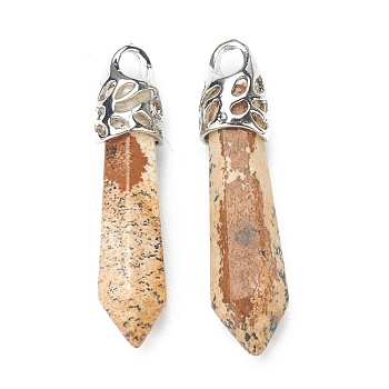 Bullet Natural Picture Jasper Pendants, with Platinum Tone Alloy Findings, 33~40x8~10mm, Hole: 3x2mm