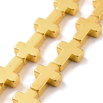 Electroplated Non-magnetic Synthetic Hematite Beads Strands, Religion Cross, Golden Plated, 14x10x4mm, Hole: 1mm, about 28pcs/strand, 15.75 inch(40cm)