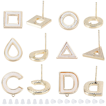 12Pcs 6 Styles Brass Stud Earring Findings, with Shell and Loops, 925 Sterling Silver Pins, Nickel Free, Creamy White, Square & Triangle & Teardrop & Letter D & Letter C & Ring, Real 18K Gold Plated, Earring Finding: 11~16.5x11~14mm, 2pcs/style, Ear Nuts: 4x4mm