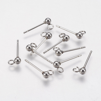 202 Stainless Steel Ball Stud Earring Findings, with 304 Stainless Steel Pins and Loop, Round, Stainless Steel Color, 14mm, Hole: 2mm, Pin: 0.7mm