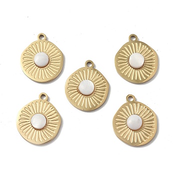 Natural White Jade Pendants, Flat Round Charms, with Vacuum Plating Real 18K Gold Plated 201 Stainless Steel Findings, 20.5x17x4.5mm, Hole: 2mm