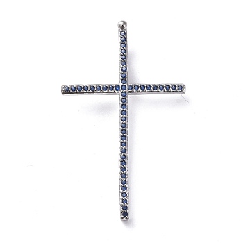 Brass Micro Pave Cubic Zirconia Pendants, Cross, Blue, Platinum, 37x22.5x2mm, Hole: 1.5x4mm
