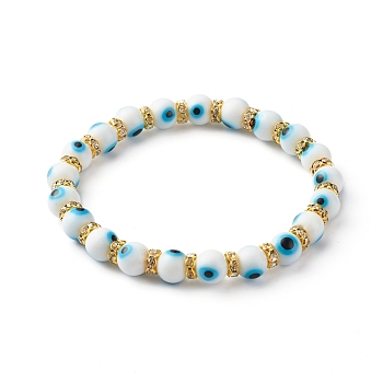 Handmade Evil Eye Lampwork Beaded Stretch Bracelets, with Flat Round Brass Rhinestone Beads, White, Inner Diameter: 2-1/2 inch(6.3cm)