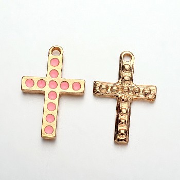 Light Gold Plated Alloy Enamel Cross Pendants, Pink, 27x18x2mm, Hole: 2mm