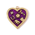 304 Stainless Steel Enamel Pendants, Heart Charm, with Rhinestone, Ion Plating(IP), Real 18K Gold Plated, Purple, 20x18mm(STAS-OY008-08G)