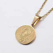 304 Stainless Steel Pendant Necklaces, Flat Round with Virgin Mary, Golden, 17.7 inch(45cm), 1.5mm(NJEW-J053-03G)