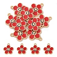 Alloy Enamel Pendants, Golden, Flower with Smiling Face Charm, Red, 15x14x2mm, Hole: 1.4mm(ENAM-YW0002-25D)
