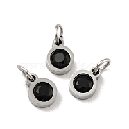 304 Stainless Steel Pendants, with Cubic Zirconia and Jump Rings, Single Stone Charms, Flat Round, Stainless Steel Color, Black, 7.5x5.5x2.5mm, Hole: 3.6mm(STAS-D189-07P-A13)