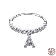 Rhodium Plated 925 Sterling Silver Micro Pave Clear Cubic Zirconia Finger Ring for Women, Letter, with 925 Stamp, Real Platinum Plated, Letter A, 1~2.3mm, US Size 7(17.3mm)(RJEW-F150-16B-01P)
