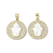 Brass Micro Pave Cubic Zirconia Pendants, with Shell, Hamsa Hand, Real 18K Gold Plated, 21x18.5x2.5mm, Hole: 3.5x5mm(KK-G485-22D-G)
