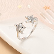 304 Stainless Steel Open Cuff Finger Rings for Women, with Cubic Zirconia, Turtle, Platinum, 29mm, Inner Diameter: Adjustable(RJEW-B109-07P-02)