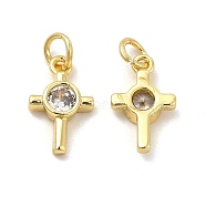 Brass Micro Pave Cubic Zirconia Charms, Religion Cross Charm, with Jump Ring, Golden, 14x8.5x3mm, Hole: 3.3mm(KK-E068-VB240)
