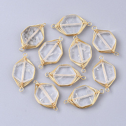 Natural Quartz Crystal Links Connectors, Rock Crystal, Wire Wrapped Links, with Golden Tone Brass Wires, Hexagon, 23x12x4mm, Hole: 1.5mm(G-S359-045)