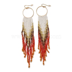 Bohemia Woven Glass Seed Bead Dangle Earrings, Tassel Chandelier Iron Earrings for Women, Red, 145~150mm(EJEW-A046-03B)