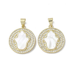 Brass Micro Pave Cubic Zirconia Pendants, with Shell, Hamsa Hand, Real 18K Gold Plated, 21x18.5x2.5mm, Hole: 3.5x5mm(KK-G485-22D-G)