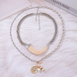 Resin Horn & Zinc Alloy Coin & Plastic Pearl Pendant Double Layer Necklaces for Women, Platinum & Golden, 18.11~27.56 inch(46~70cm), 2pcs/set(FS-WGDE545-02)