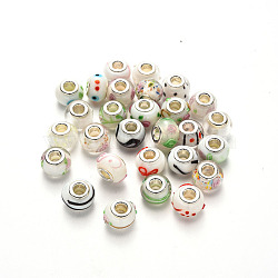 Handmade Lampwork European Beads, Large Hole Rondelle Beads, with Platinum Tone Brass Double Cores, with Mix Pattern, Floral White, 14~16x9~10mm, Hole: 5mm(LPDL-N001-M-10)