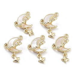 Brass Cubic Zirconia Pendants, with Shell, Moon, Real 18K Gold Plated, 25x14x6mm, Hole: 1.5mm(KK-M259-03G)