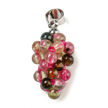 Natural Tourmaline Round Cluster Pendants, Grape Charms with Alloy Snap on Bails and Elastic Rope, Platinum, 18.5x9.5mm, Hole: 3.8x4.7mm