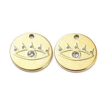 Ion Plating(IP) 304 Stainless Steel Pendants, with Crystal Rhinestone, Flat Round with Eye Charm, Real 18K Gold Plated, 2x18mm, Hole: 1.6mm
