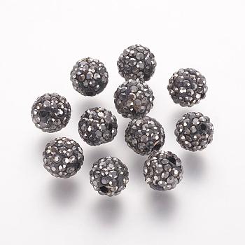 Polymer Clay Rhinestone Beads, Grade A, Round, Pave Disco Ball Beads, Hematite, 10x9.5mm, Hole: 1.5mm