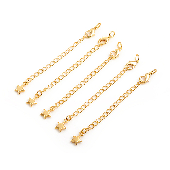 Brass Chain Extender, with Curb Chains and Lobster Claw Clasps, Long-Lasting Plated, Star, Real 14K Gold Plated, 73x3mm, Hole: 3mm