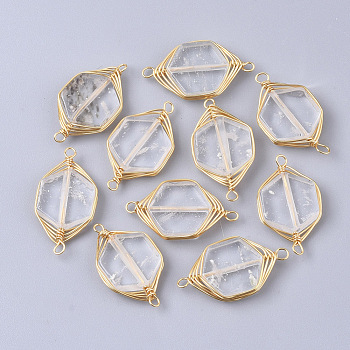 Natural Quartz Crystal Links Connectors, Rock Crystal, Wire Wrapped Links, with Golden Tone Brass Wires, Hexagon, 23x12x4mm, Hole: 1.5mm