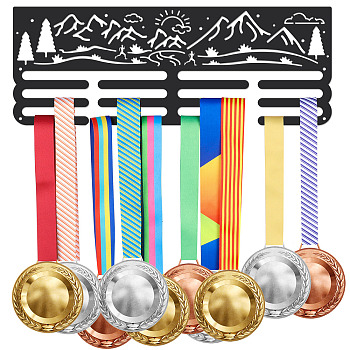 Iron Medal Holder Frame, Medals Display Hanger Rack, 3 Lines, with Screws, Rectangle, Mountain Pattern, 150x400mm