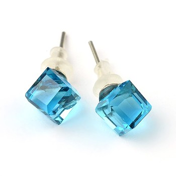 Shiny Glass Rhinestone Stud Earrings, with Platinum Brass Ear Stud Components, Aquamarine, 9x7mm, Pin: 0.7mm