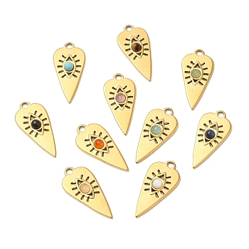 Ion Plating(IP) 316 Stainless Steel Triangle Pendants, Natural & Synthetic Mixed Gemstone Eye Charms, Real 24K Gold Plated, 22.5x11x3mm, Hole: 1.8mm