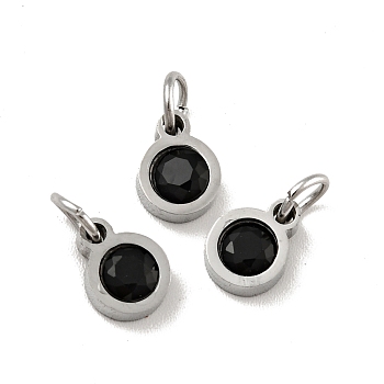 304 Stainless Steel Pendants, with Cubic Zirconia and Jump Rings, Single Stone Charms, Flat Round, Stainless Steel Color, Black, 7.5x5.5x2.5mm, Hole: 3.6mm