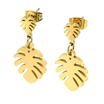 Ion Plating(IP) 304 Stainless Steel Dangle Stud Earrings, Tropical Leaf, Golden, 26.5x13.5mm