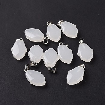 Natural White Jade Pendants, Hamsa Hand Charms, with Platinum Plated Alloy Snap on Bails, 24~24.5x15x7mm, Hole: 5.5x3mm