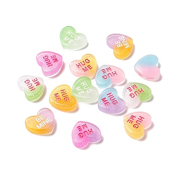 Transparent Resin Cabochons, Two-Tone, with Glitter Power, Heart with Word HUG ME, Mixed Color, 18x16.5x5mm